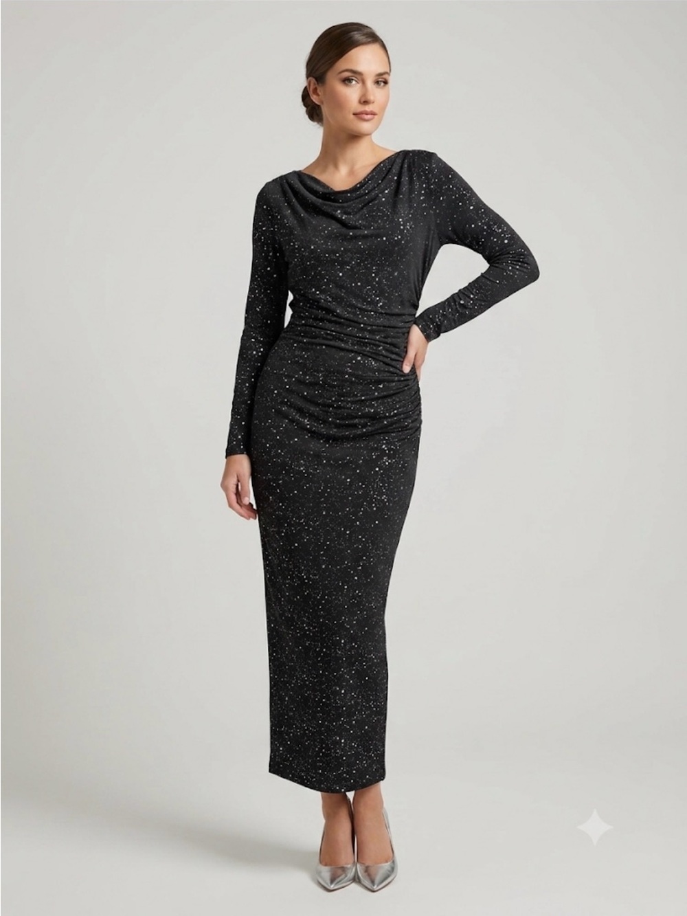SHEIN Spacecore Celestial Galaxy Glitter Speckle Ruched Bodycon Maxi Dress L Y2K
